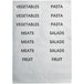 A white CaterGator adhesive label sheet with black text that reads "vegetables," "fruits," "meat," and "salads"