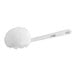 A white toilet brush with a white acrylic yarn ball on the end.