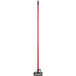 A red Lavex metal mop handle with a quick release feature.