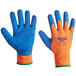 A pair of Therma-Viz orange terry thermal gloves with blue crinkle latex palms.