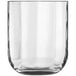 A clear Luigi Bormioli Rocks glass with a curved edge on a white surface.