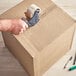 A hand using a tape dispenser to close a Lavex Kraft shipping box.