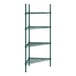 A green metal wire shelving unit with four shelves.