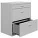 A white Hirsh Industries lateral file cabinet with a drawer open.