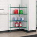 A green Regency triangle wire shelving unit with containers on a shelf.