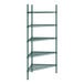 A green metal Regency wire shelving unit with five shelves.