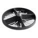 A black and silver circular food processor disc with holes.