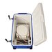A blue Micro Matic insulated jockey box with two faucets and a blue and white lid.