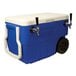 A blue and white Micro Matic jockey box cooler with two taps.