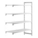 A white rectangular plastic shelf with four vented shelves.