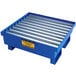 a blue container with metal rollers