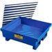 A blue metal pallet with a metal tray on top.