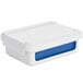 A white plastic container with a blue lid.