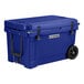 A navy CaterGator outdoor cooler with wheels.