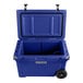 A navy blue CaterGator outdoor cooler with wheels.