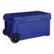 A navy blue CaterGator outdoor cooler with wheels.