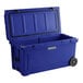 A navy blue CaterGator outdoor cooler with wheels.