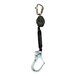 A black and white Honeywell Miller TurboLite personal fall limiter with aluminum carabiner and locking rebar hook.