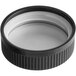 A close-up of a black and white plastic child resistant cap with a black rim.