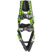 A close-up of a green and black Honeywell Miller AirCore full-body harness with a safety belt.