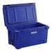 A navy blue CaterGator outdoor cooler with the lid open.