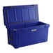 A navy blue CaterGator outdoor cooler with a lid open.