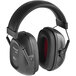 A pair of black Howard Leight ear defenders with red trim.