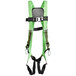 A green safety harness with black straps and belt loops.