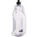 A clear plastic Sanitaire solution tank with a black cap.