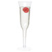 A clear WNA Comet plastic champagne flute with champagne and a raspberry inside.