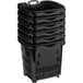 A stack of black Regency plastic baskets with wheels.