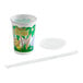 A 12 oz. kid's cup with a jungle print design, accompanied by a plastic lid and a wrapped straw.