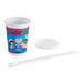 A 12 oz. kid's cup with an imagination-themed print, accompanied by a plastic lid and a wrapped straw.