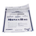 A close-up of an Iconex clear plastic tamper-evident deposit bag with a blue label.