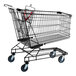 A black metal supermarket shopping cart with four wheels and an 8.5 cubic foot capacity.