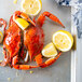 A tray with two medium non-seasoned steamed blue crabs and lemon wedges.