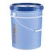A blue 5-gallon plastic pail with a handle and lid, containing low temperature concentrated dish washing machine rinse aid.