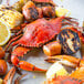 A steamed Chesapeake blue crab with potatoes and corn on a plate.