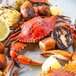A plate with a Chesapeake Crab Connection steamed blue crab, corn on the cob, and potatoes.