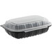 A black plastic Choice microwaveable container with a clear lid.