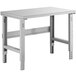 A Lavex steel workbench top with square edges on a rectangular grey table with metal legs.