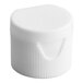 A white unlined flip top plastic lid with a ribbed side, designed for bottles.