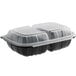 A black plastic Choice food container with two compartments and a clear plastic lid.