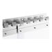A close-up of a Lavex stainless steel strip door panel with metal clips.