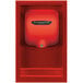 A red Excel XLERATOR hand dryer with a red recess kit.