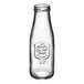 An Acopa clear glass milk bottle with an embossed logo and a lid.