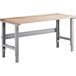a wooden table with metal legs