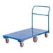 A blue steel Vestil flat bed cart with red wheels.