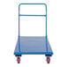 A blue steel Vestil flat bed cart with a blue metal platform and red wheels.