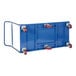 A blue Vestil steel flat bed cart with red wheels.